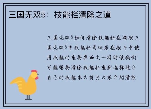 三国无双5：技能栏清除之道