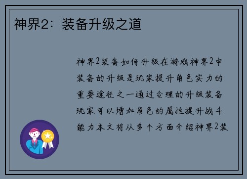 神界2：装备升级之道